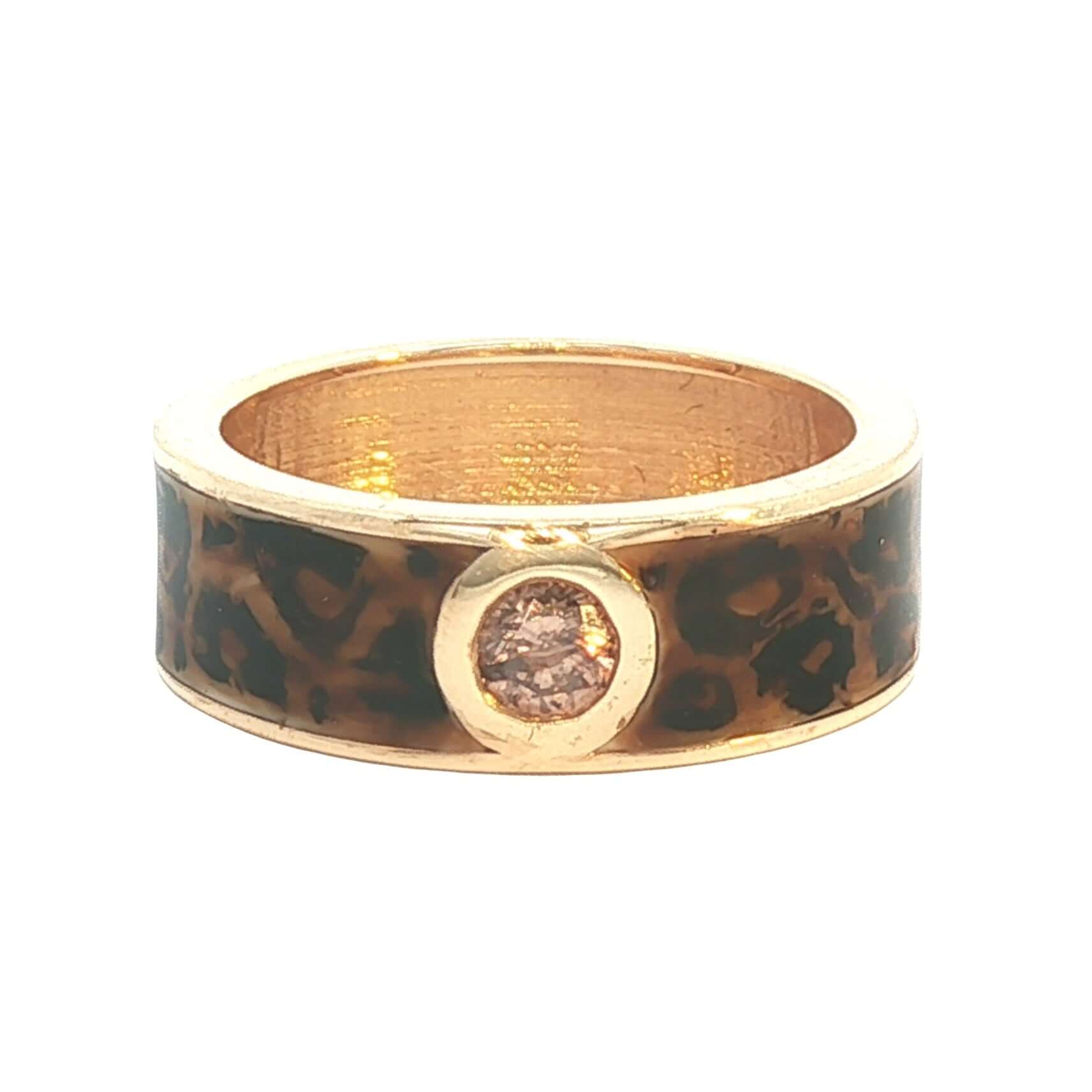 Gold ring with leopard pattern and central gemstone on a white background