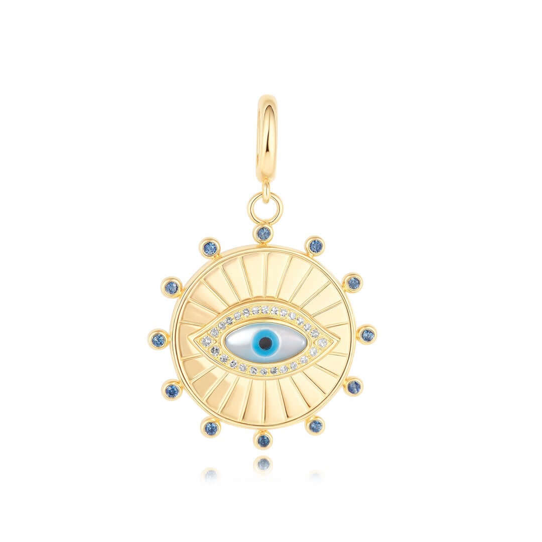 14K Gold Radiating Evil Eye Diamond Necklace Charm featuring blue sapphires and a mother-of-pearl center.