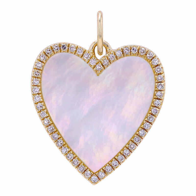 Heart-shaped mother of pearl pendant with diamond trim, reflecting luxury and elegance from our jewelry collection.