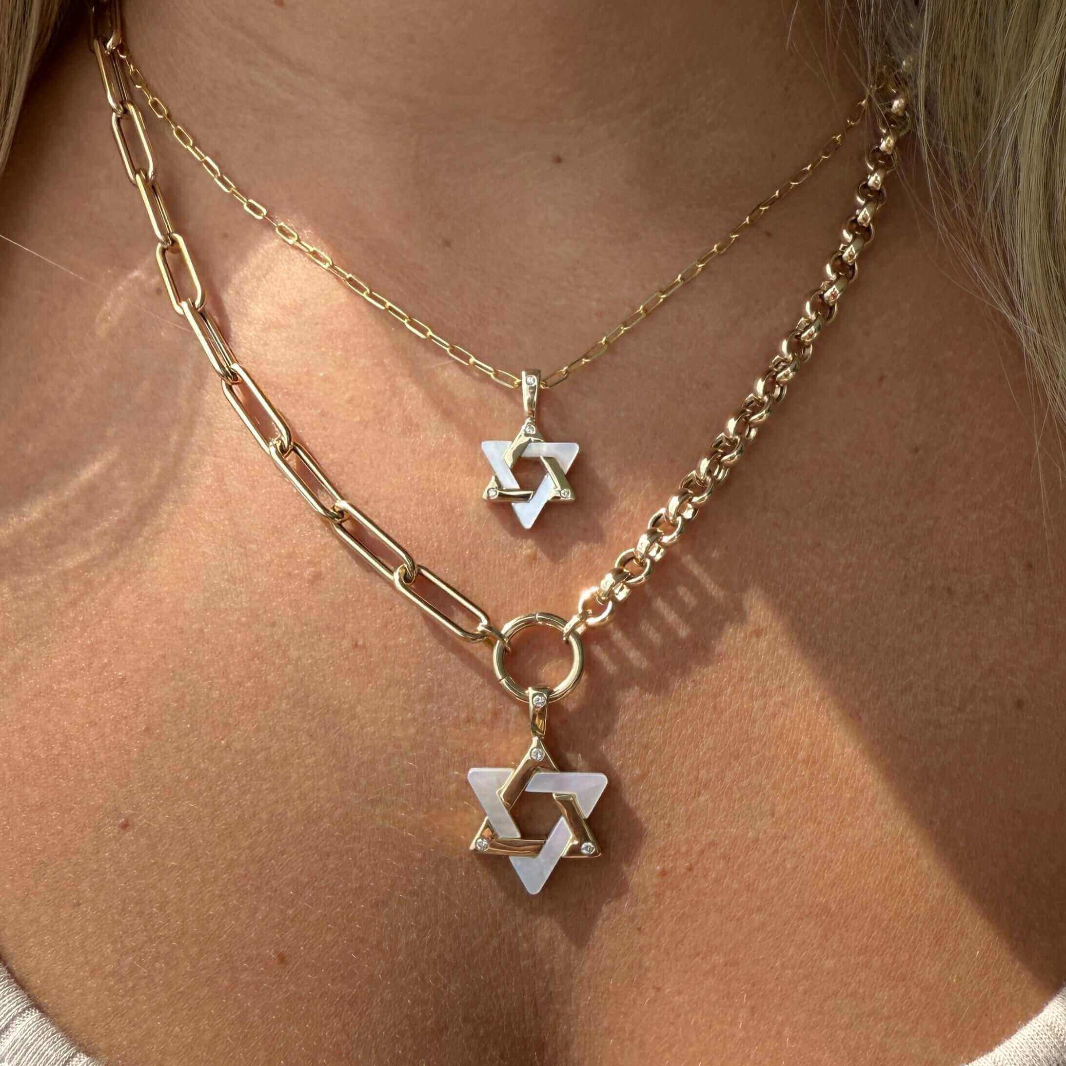 Gemstone Star of David Diamond Pendant © displayed on layered gold chains, showcasing luxurious design from Izakov Fine Jewelry.