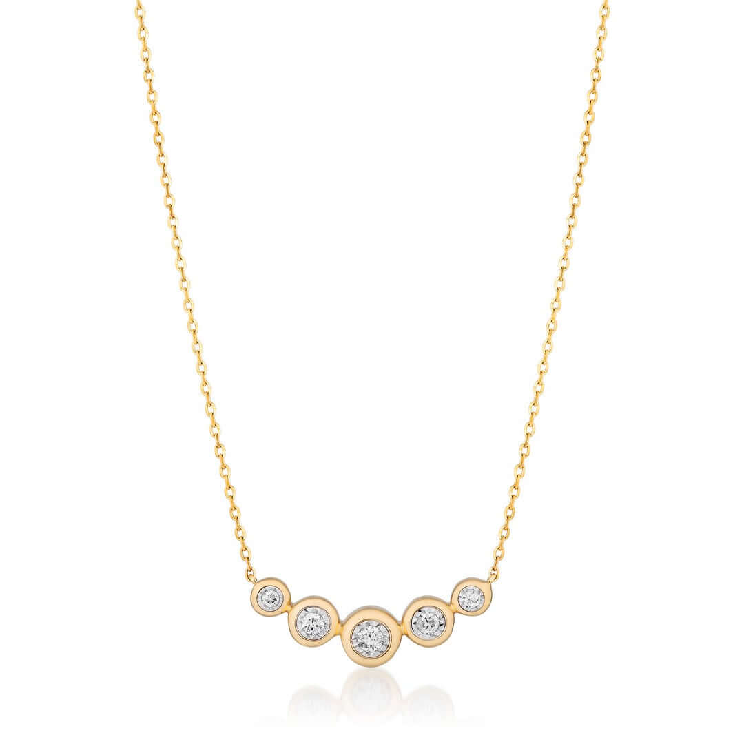 14K Gold Graduated Bezel Set Diamond Necklace featuring five round diamonds in a delicate bezel setting.