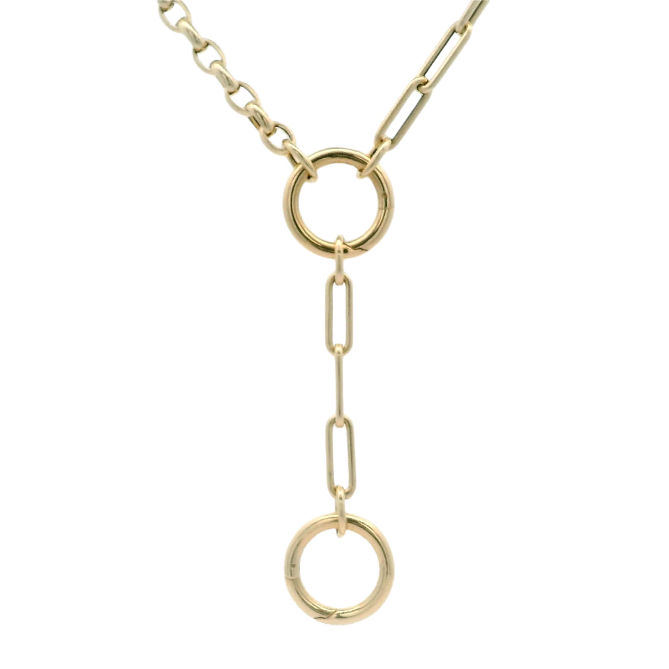 14K gold lariat chain necklace with cable and paper clip links and round charm push enhancers.