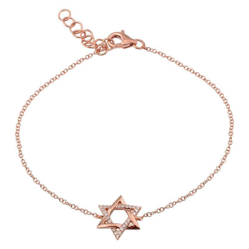 Rose gold bracelet with Star of David pendant, adorned with sparkling diamonds, showcasing our brand's elegant jewelry collection