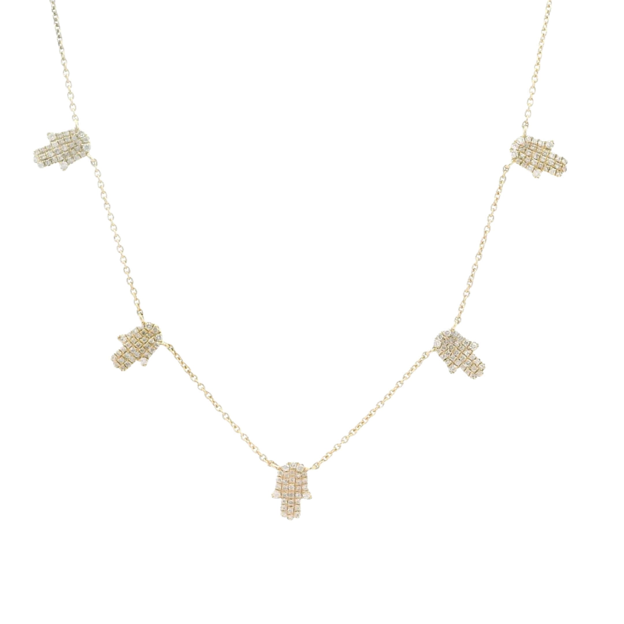 14K gold hamsa necklace with micro pave diamond stations, elegant and protective jewelry for any occasion.