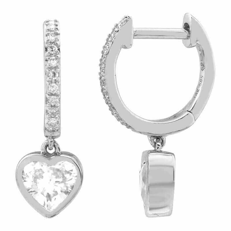 Heart Shaped Diamond Drop Huggies in 14K gold with micro-pave setting and heart-shaped diamond bezel drops.