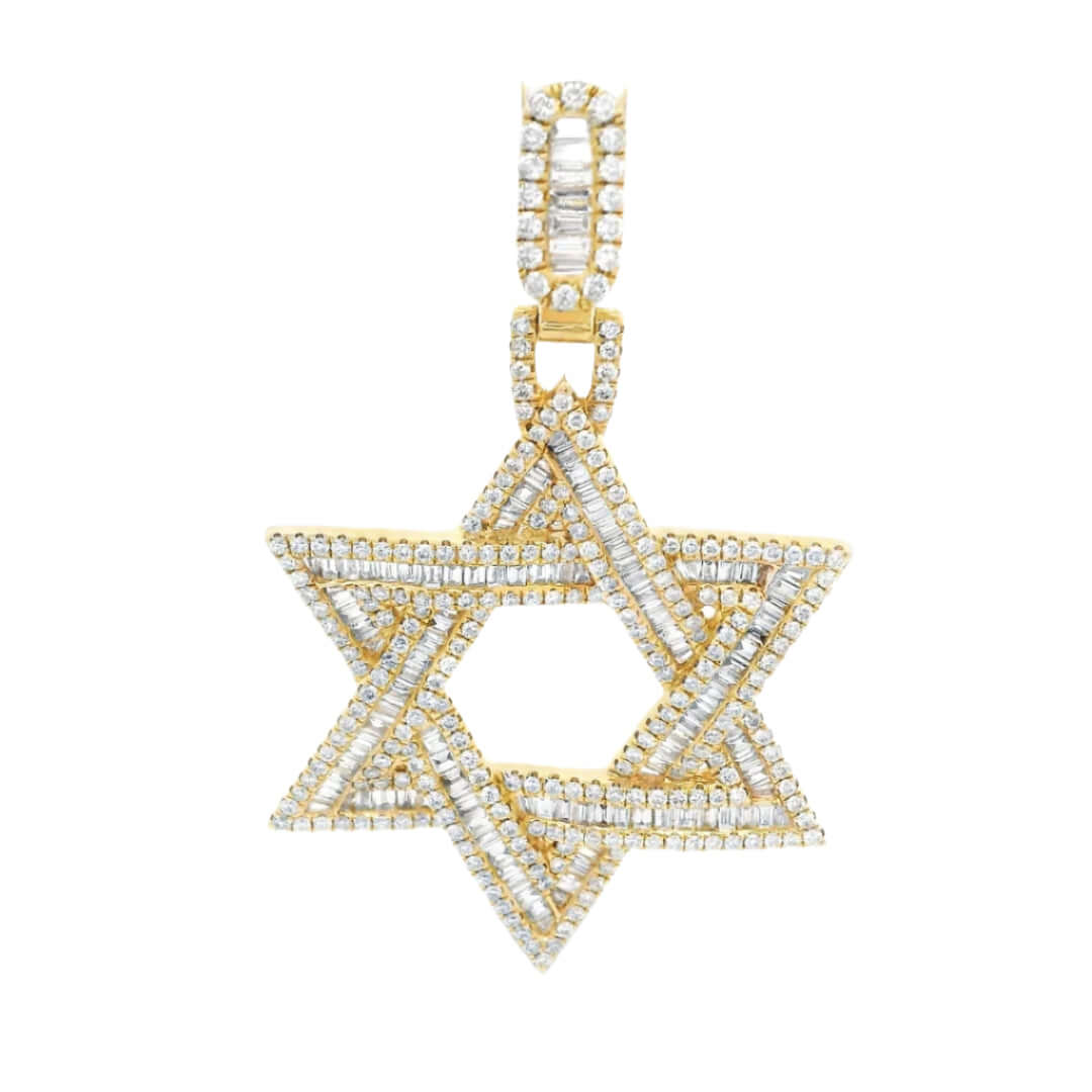 14K Gold Star of David Pendant with baguette and round diamonds, total 1.25ctw, iced design for men and women.