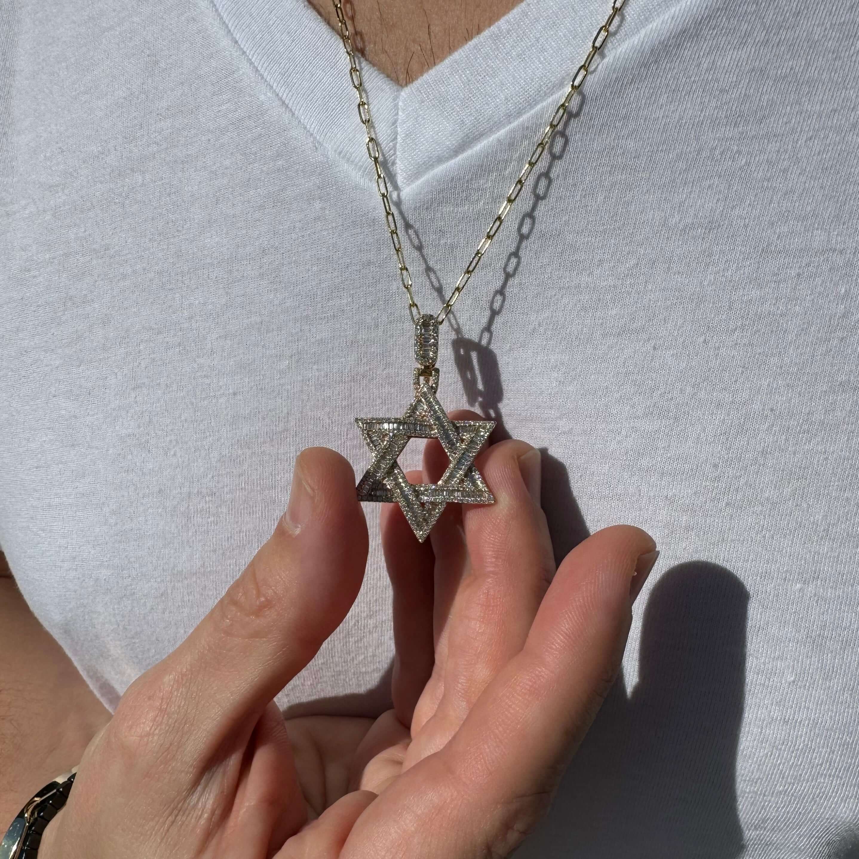 Iced Baguette Diamond Star of David Pendant worn on a chain, showcasing elegant diamond details and 14k gold craftsmanship.