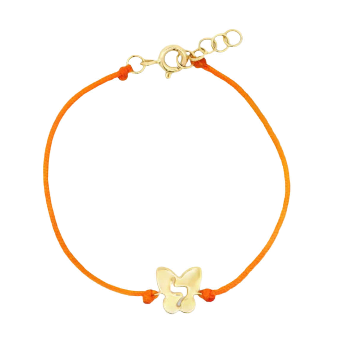 14K Gold butterfly charm bracelet on orange cord, customizable for kids, stylish and meaningful jewelry.