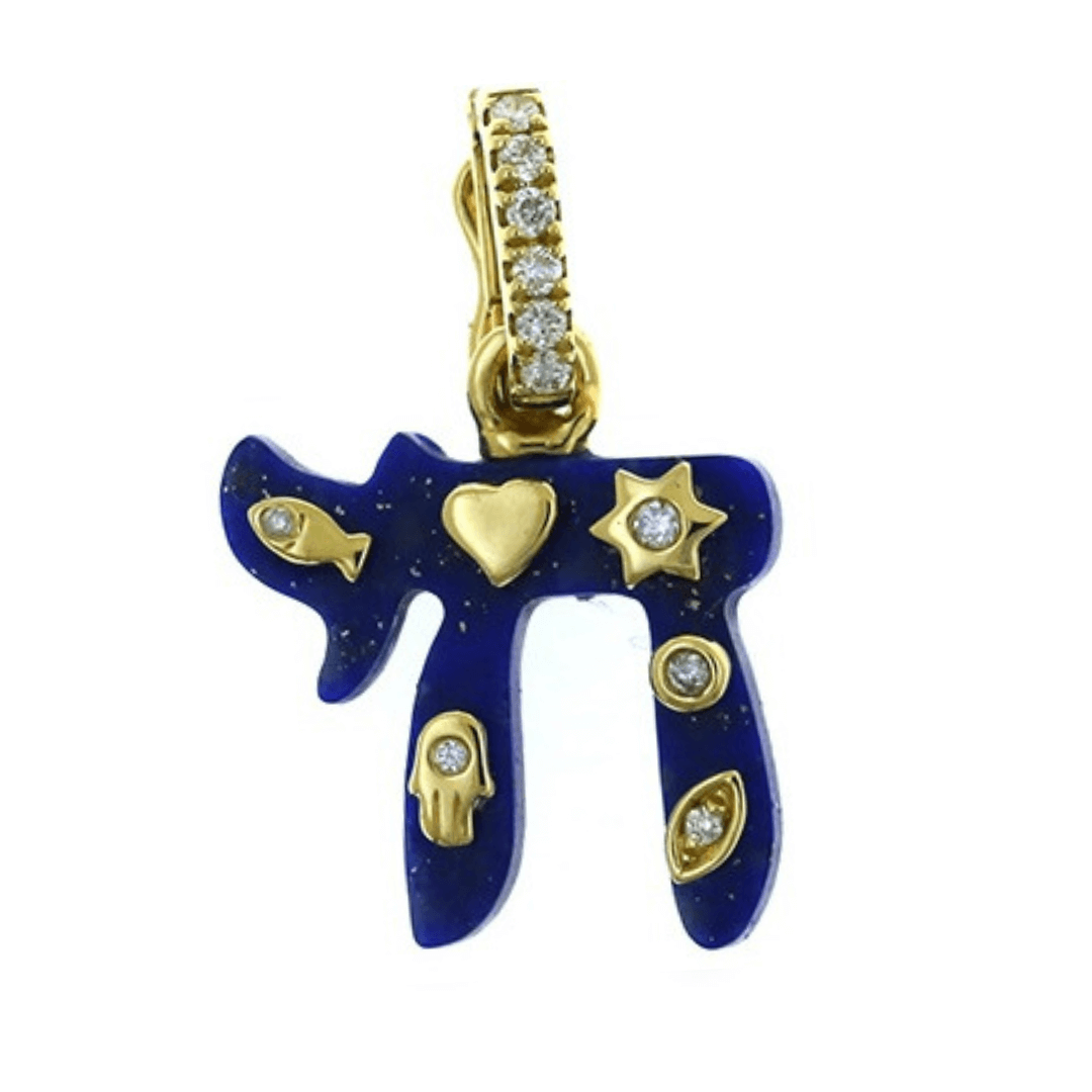 14K gold Chai gemstone pendant featuring diamond accents, hamsa, Star of David, and fish for luck and protection.