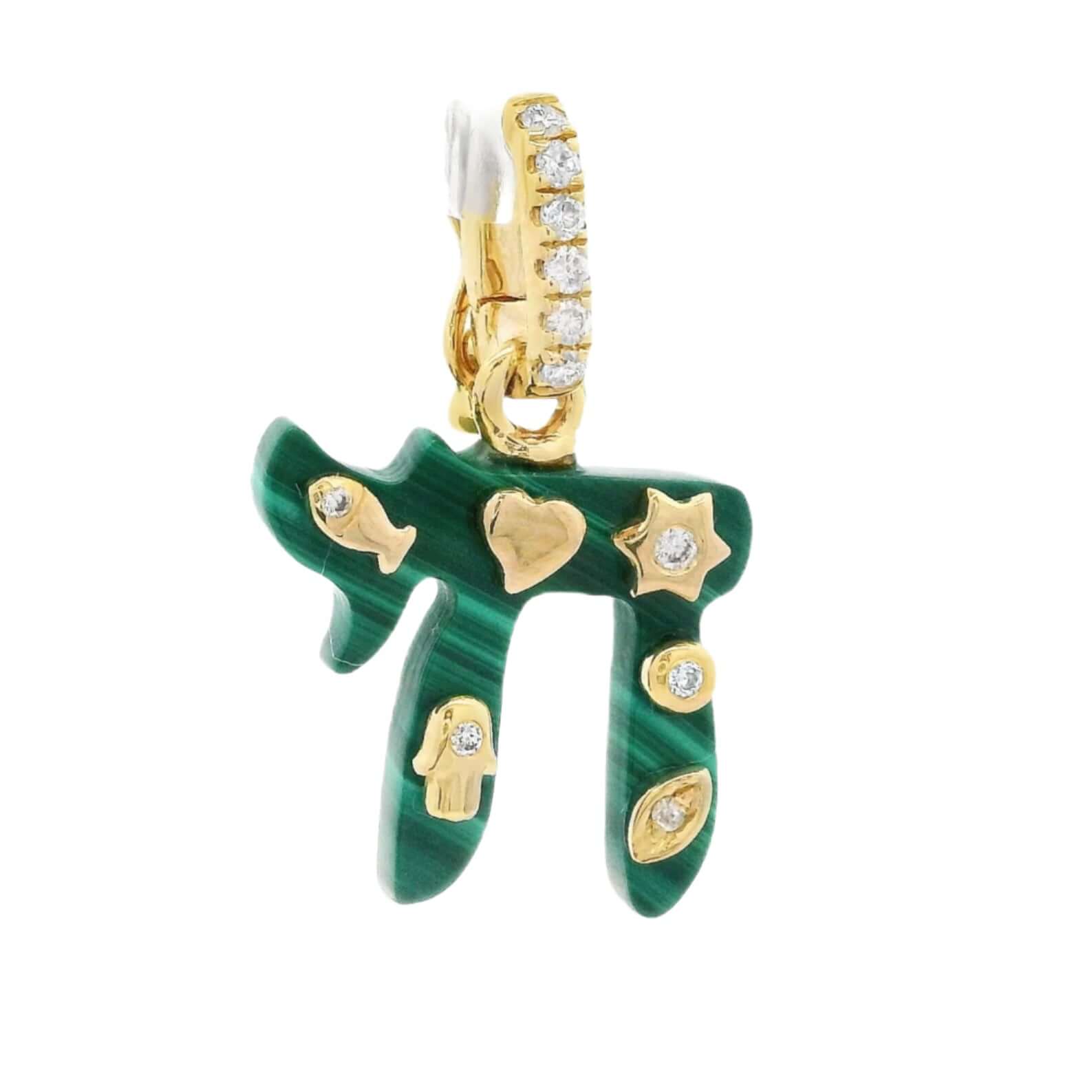 14K gold Chai gemstone pendant in malachite with diamond accents and protective symbols