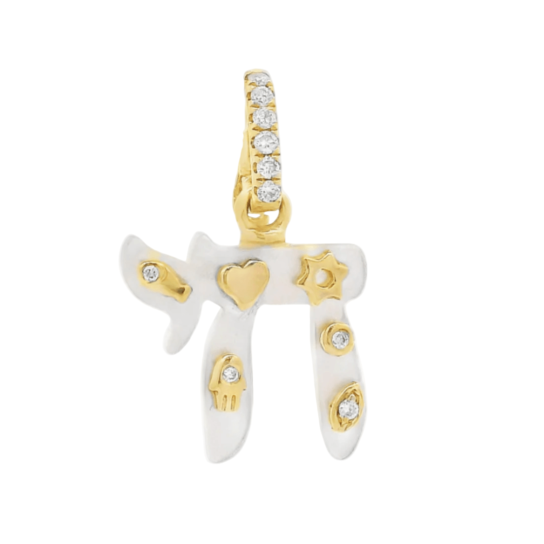 14K Gold Chai Gemstone Pendant with mother of pearl and diamond accents for luck and protection