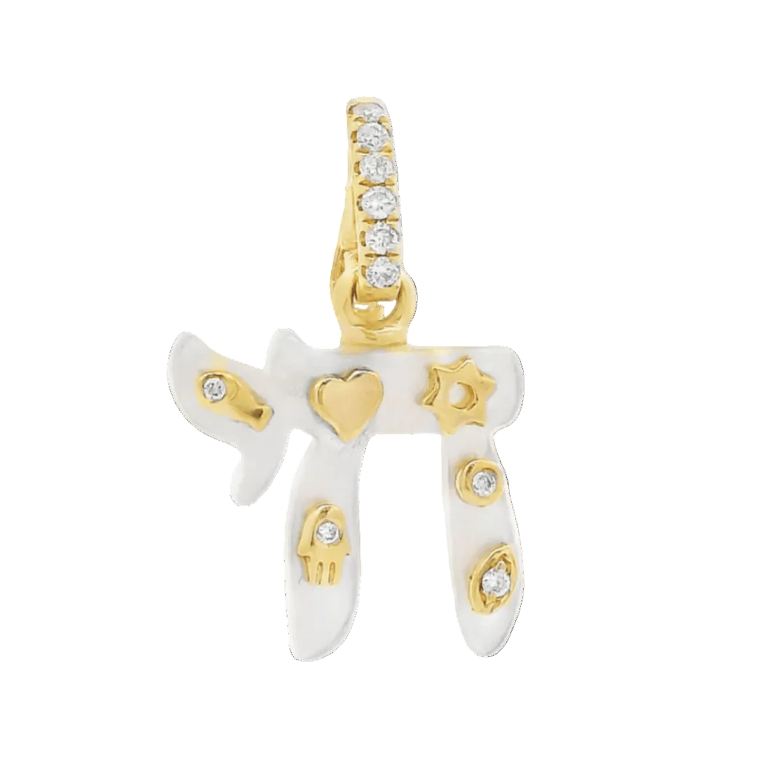 Jewish Charms Chai Gemstone Pendant © featuring mother of pearl, gold accents, and diamond embellishments by Izakov Fine Jewelry.