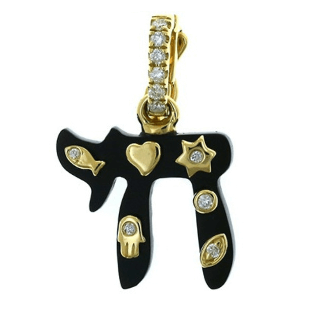 14K gold chai gemstone pendant with black enamel, diamond accents, and protective symbols including heart and hamsa.