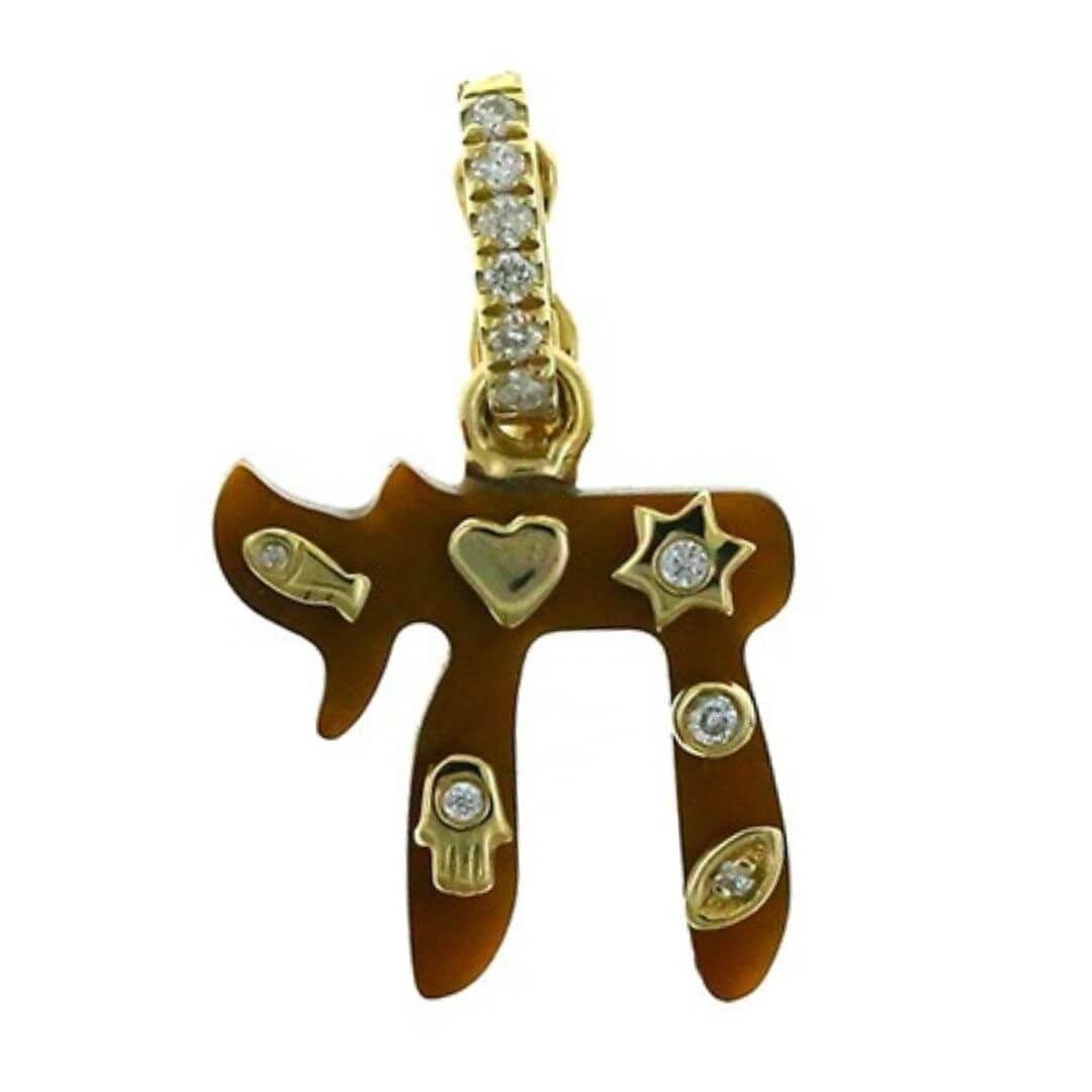 14K Gold Chai Gemstone Pendant with diamond accents and protective symbols like hamsa and Star of David.