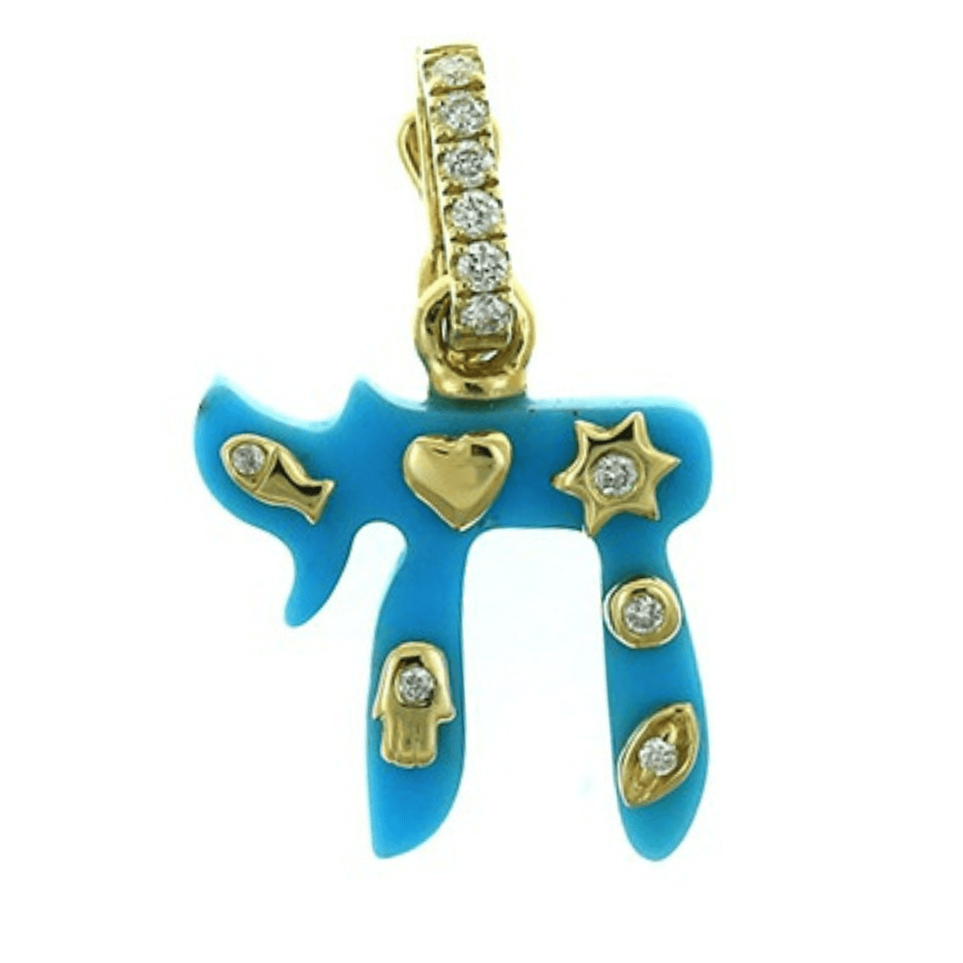14K gold Chai gemstone pendant in turquoise with diamond accents, stars, heart, fish, and hamsa for protection.