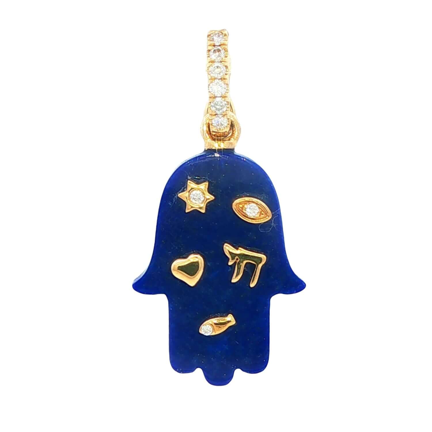 Blue Hamsa hand pendant with gold accents on a white background