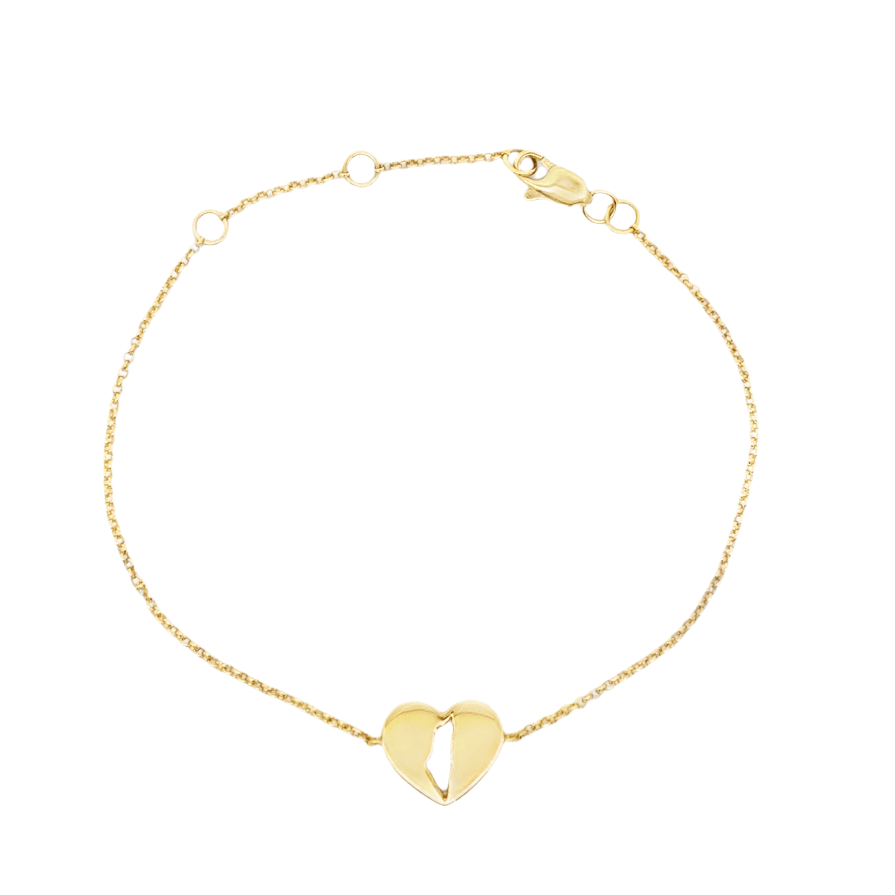 14K gold land of Israel cutout heart bracelet on rolo chain, symbolizing love and resilience.