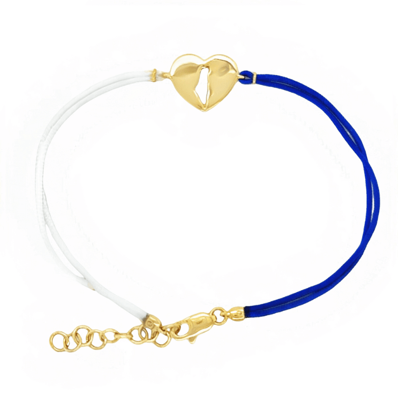 Elegant gold heart bracelet with blue and white cord for a stylish and modern look, perfect for any jewelry collection