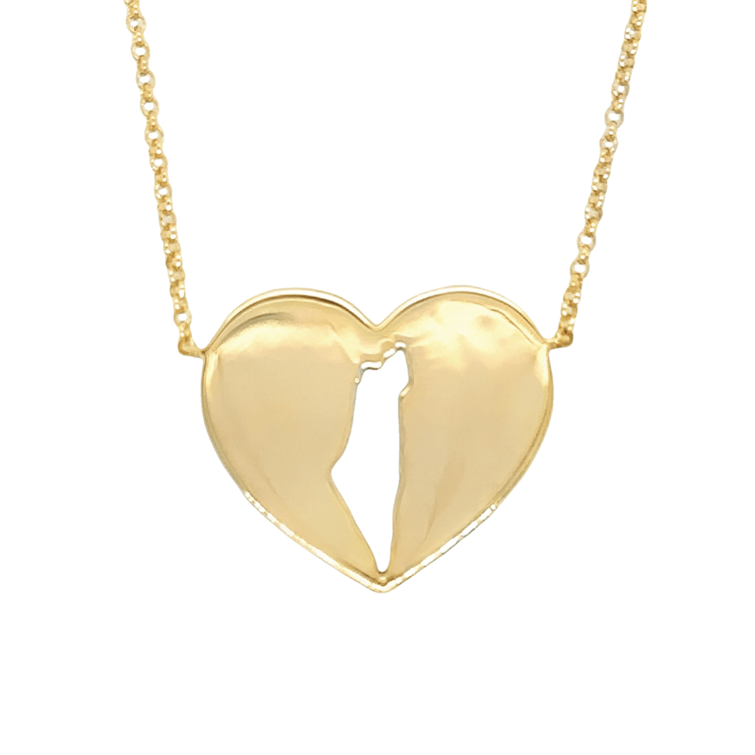 Gold heart pendant necklace with unique cutout, perfect for expressing love and elegance from our exclusive jewelry collection