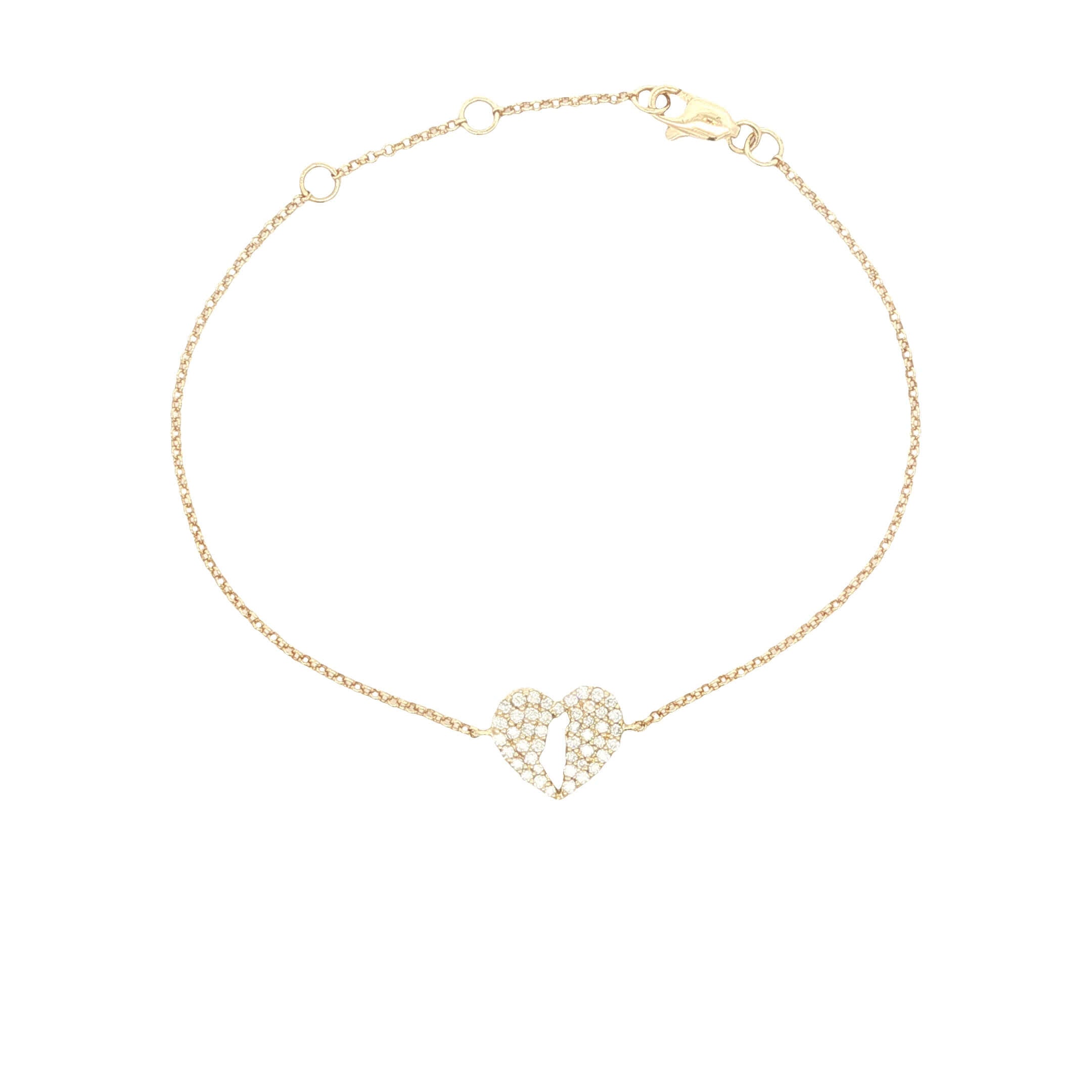 14K Gold Land Of Israel Cutout Heart Pave Diamond Bracelet © featuring a heart design with diamonds on a rolo chain.