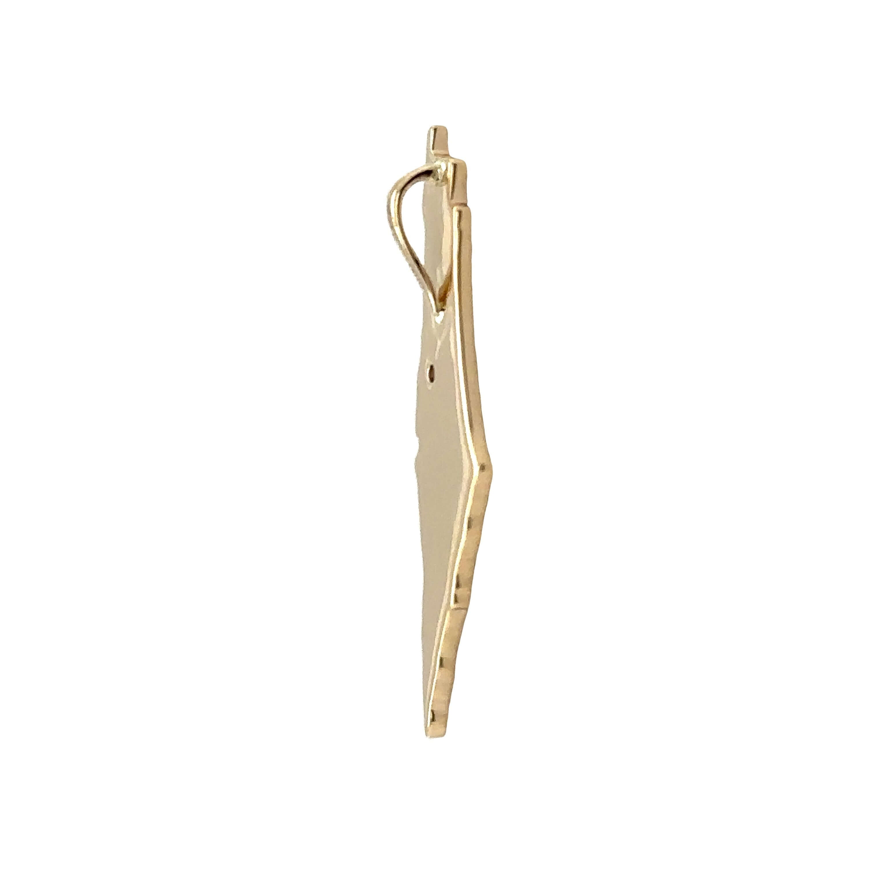 Side view of a sleek gold pendant from our unique jewelry collection.