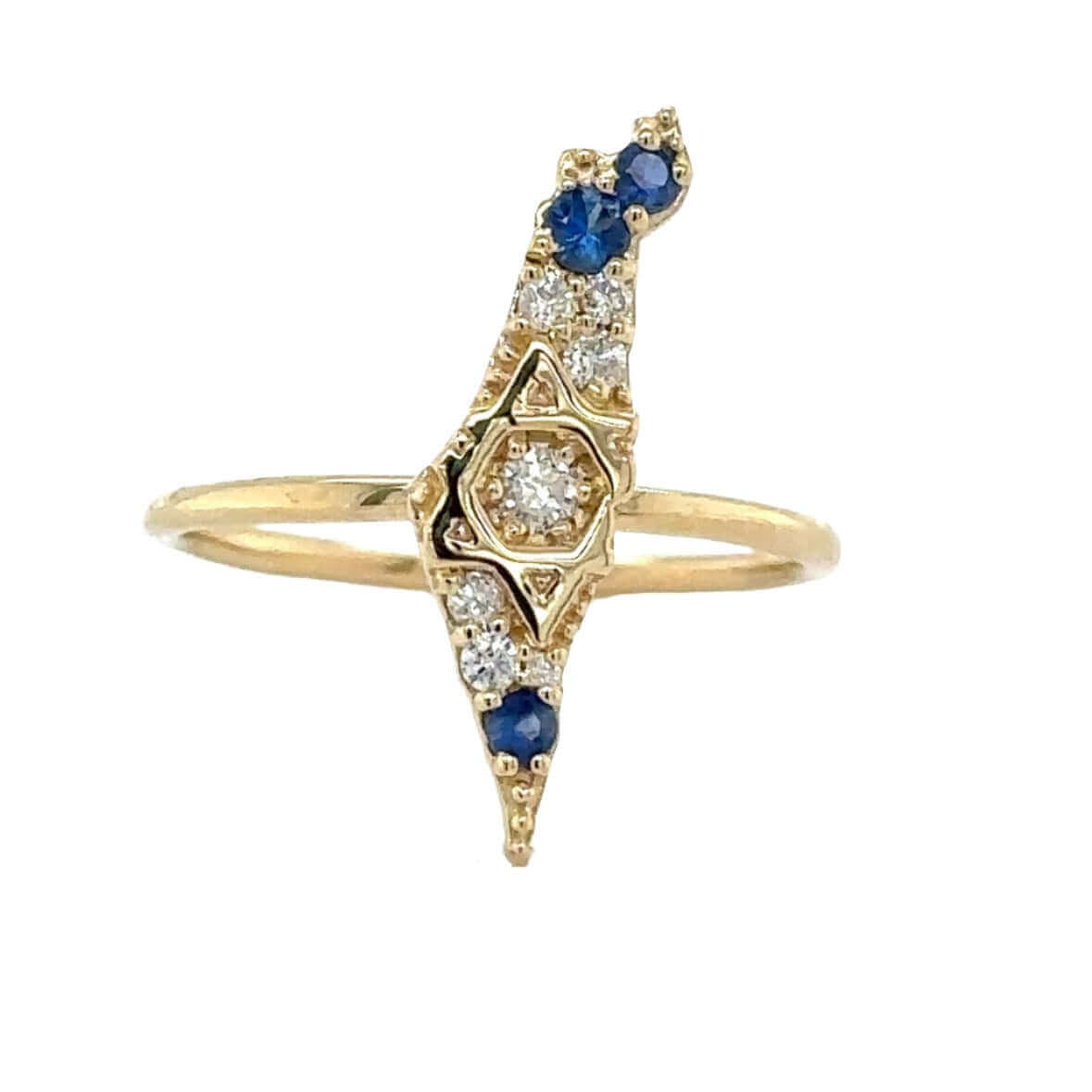 Unique gold ring with blue and white gemstones from our exclusive jewelry collection
