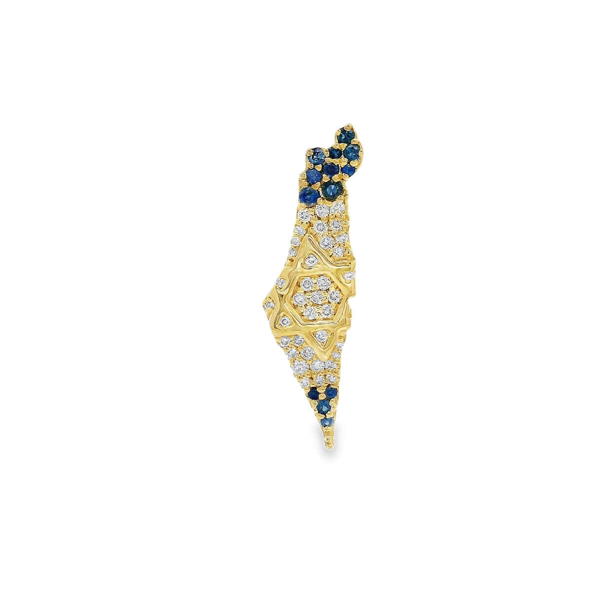 14K gold pendant in the shape of the Land of Israel, adorned with diamonds and sapphires, featuring a Star of David.