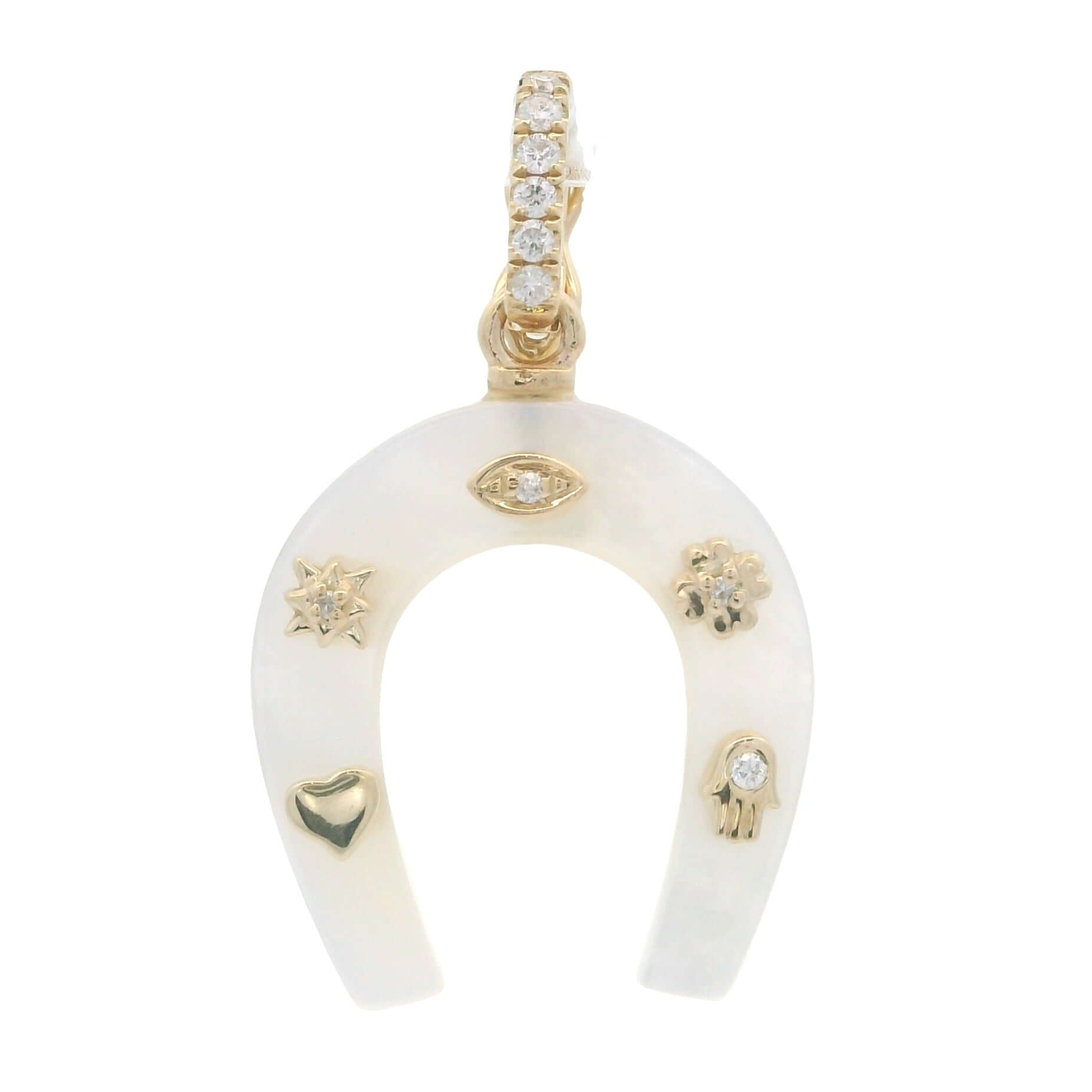 14K gold horseshoe gemstone pendant with diamond accents and lucky charms in mother of pearl.