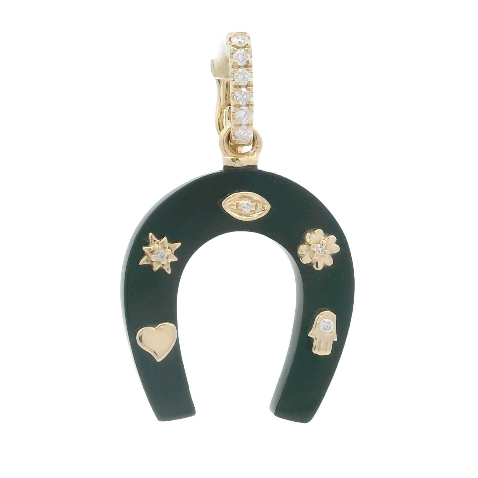 14K gold horseshoe gemstone pendant with diamond-accented symbols of luck, including a heart and hamsa.
