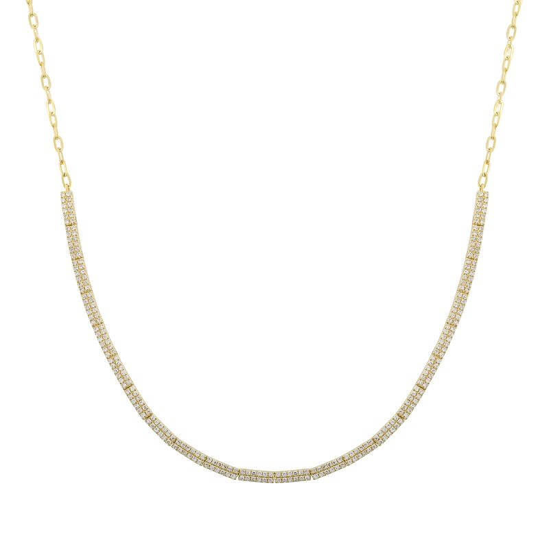 14K Gold Micro Pave Diamond Bar Cable Link Necklace featuring a delicate diamond bar on a gold chain.