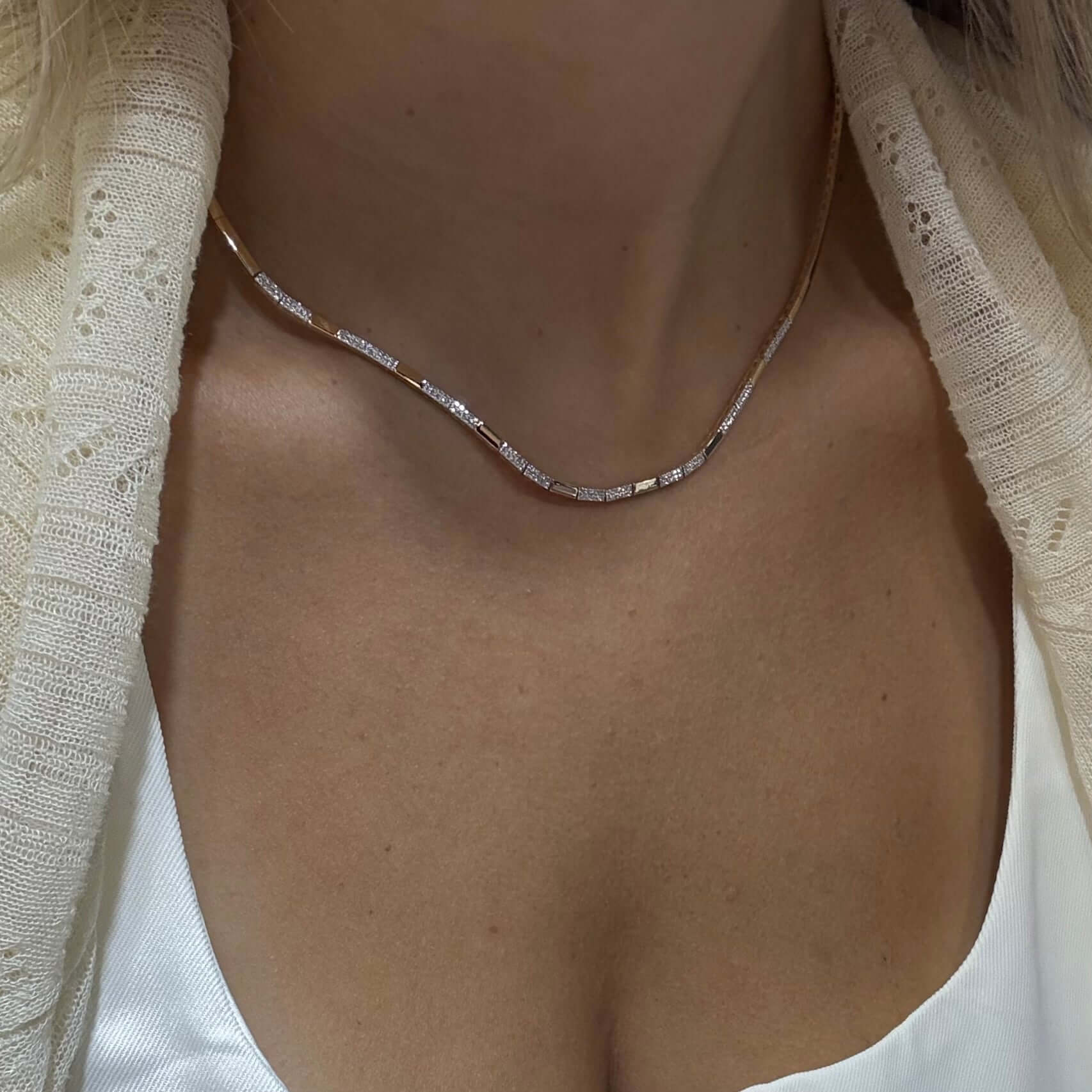 14K Gold Micro Pave Diamond Bars Necklace worn by a woman, showcasing elegant design and subtle brilliance.
