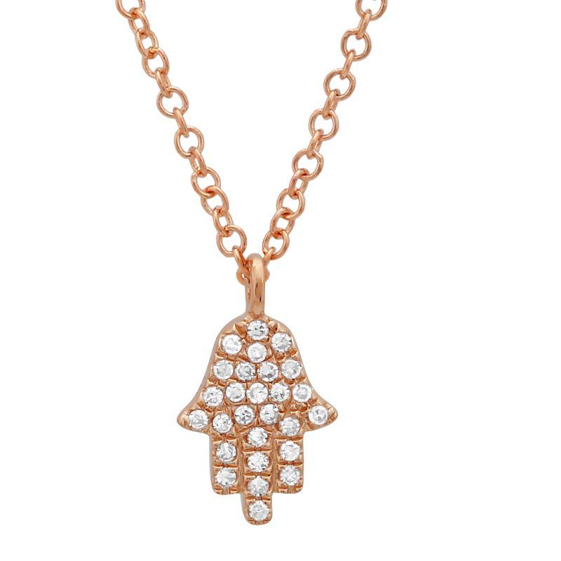 Rose gold necklace with diamond-studded Hamsa pendant.