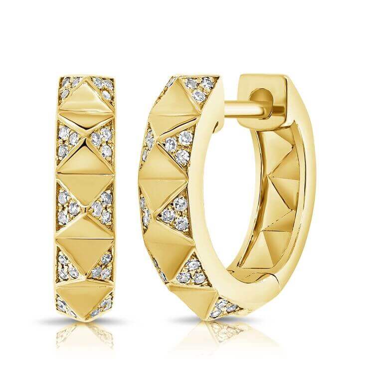 Gold hoop earrings with diamond accents in a geometric design from our luxury jewelry collection.