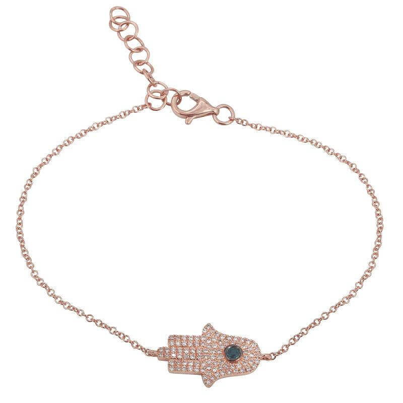 Rose gold hamsa hand bracelet with adjustable chain, featuring a sparkling black stone.