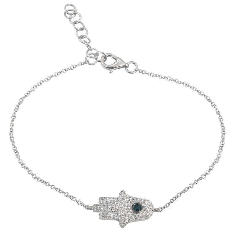 Elegant silver bracelet with Hamsa hand pendant embellished with gemstones from our luxury jewelry collection.