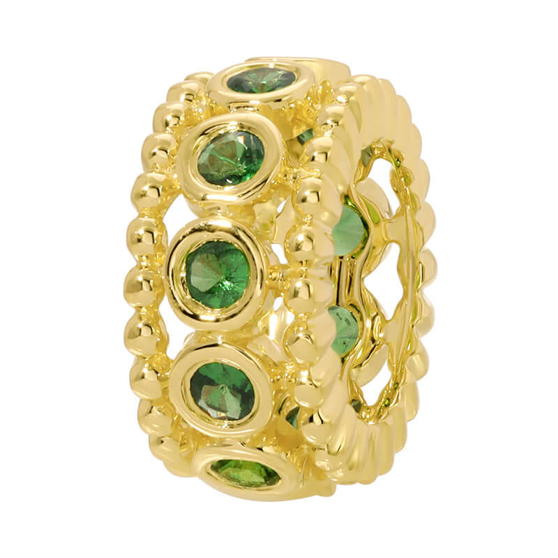 14K Gold Milgrain Bezel Gemstone Rondelle featuring green gemstones in a circular design with elegant milgrain detailing.