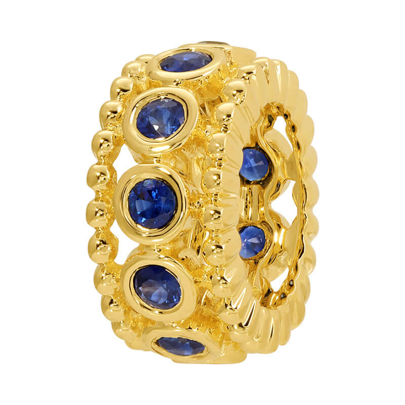 14K Gold Milgrain Bezel Gemstone Rondelle featuring blue sapphires in a textured design for elegant custom jewelry.