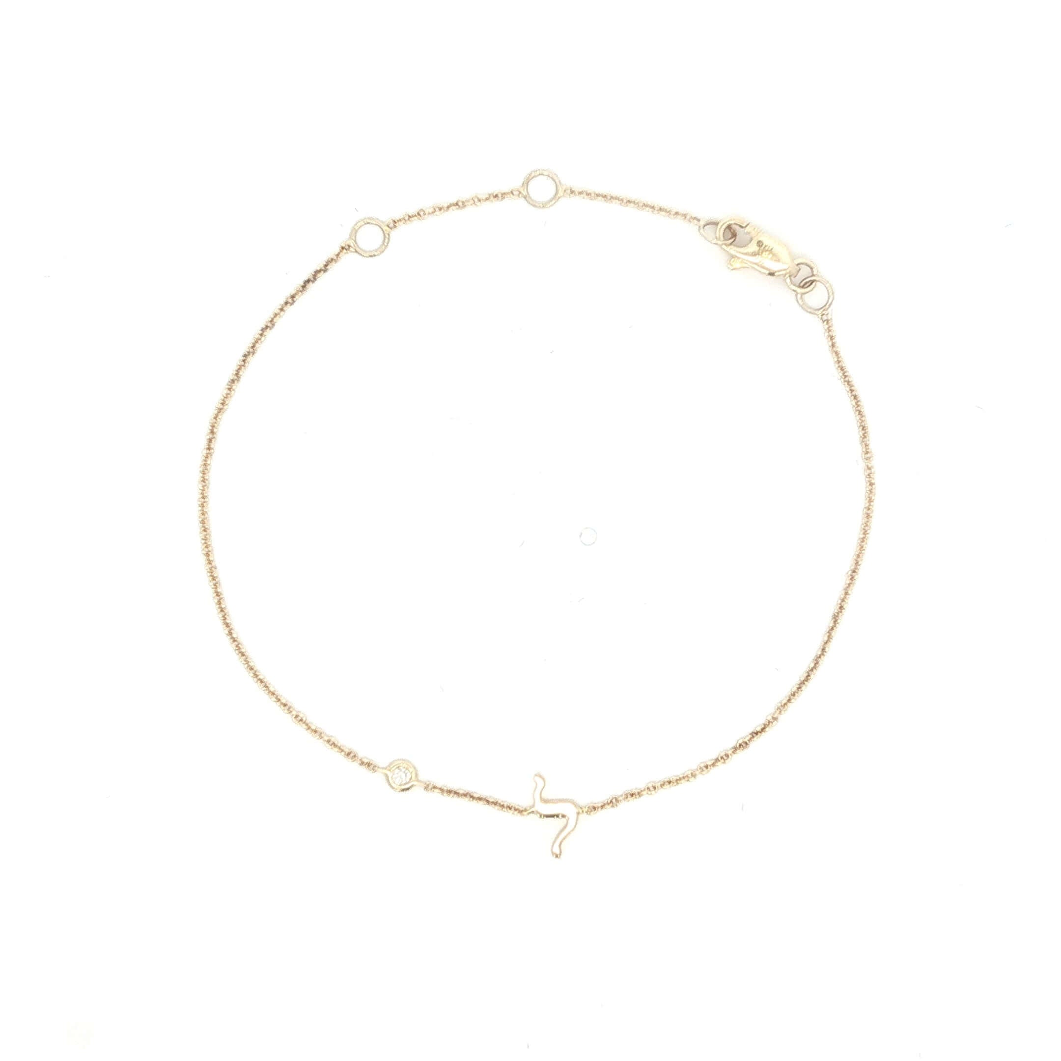 14K Gold Mini Hebrew Initial Gemstone Bezel Bracelet with delicate design and personalized letter.