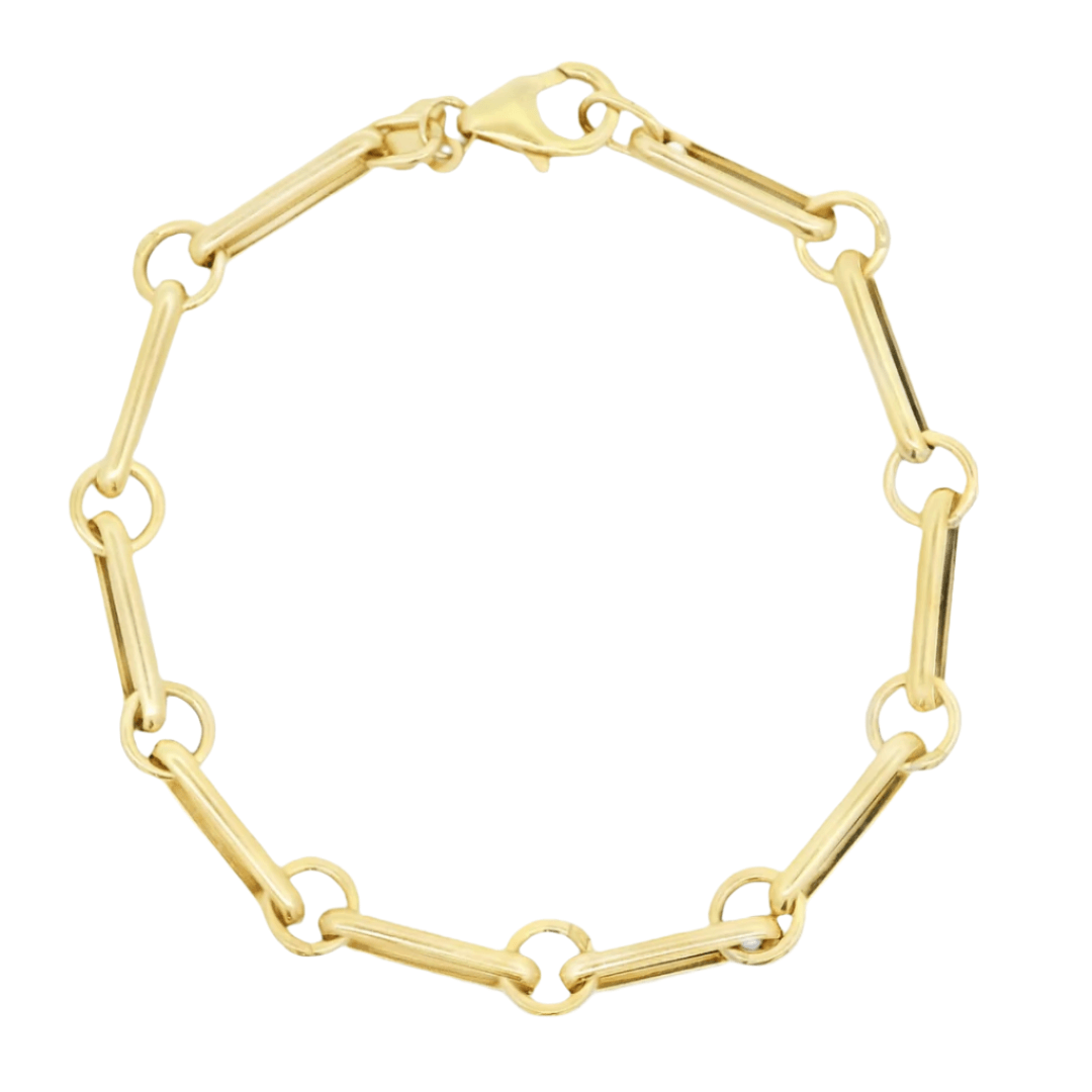 14K gold mixed paper clip rolo link chain bracelet, lightweight, stylish, perfect for stacking.