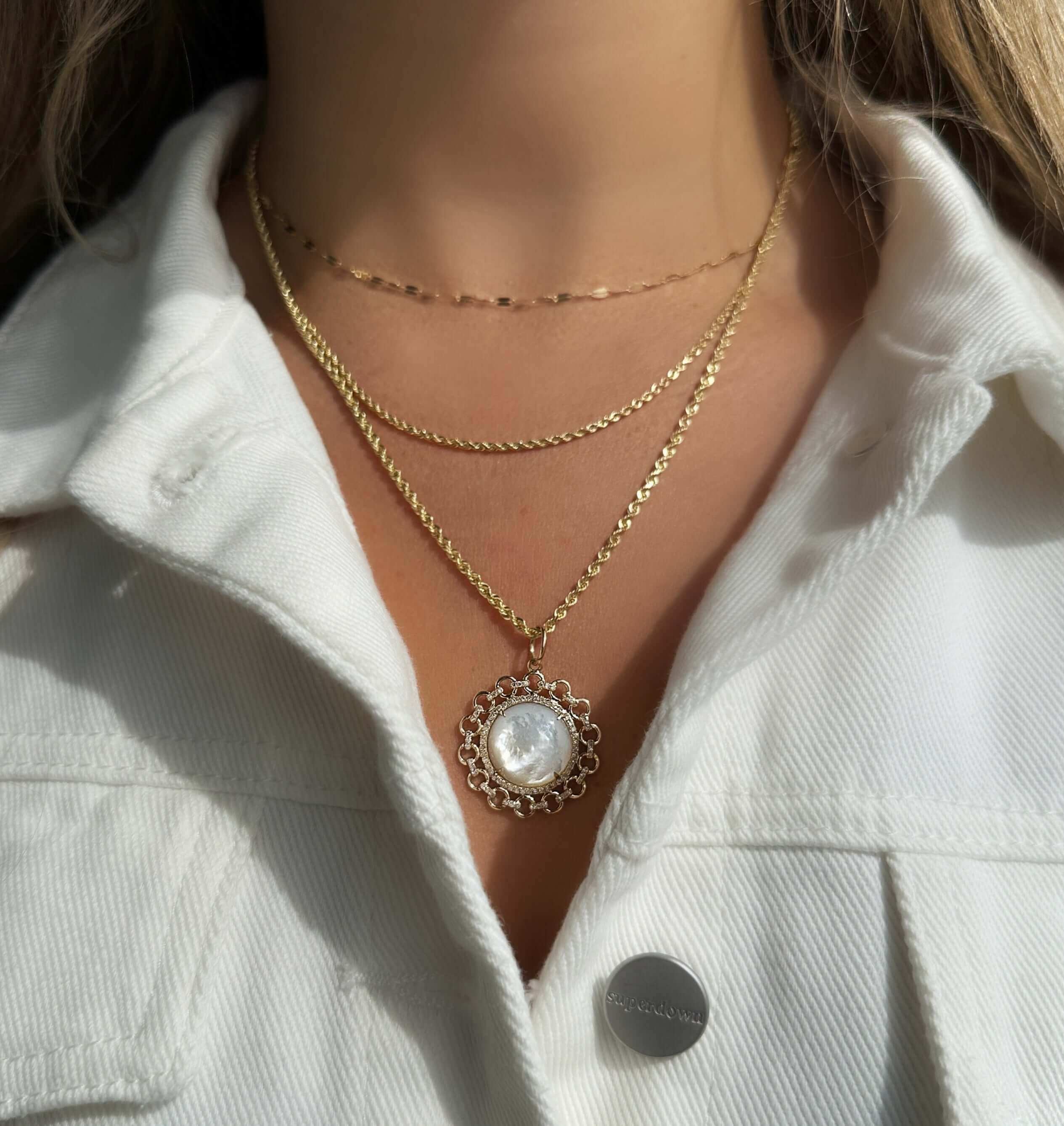 14K Gold Mother of Pearl Round Diamond Links Necklace Charm Yellow Gold Charms & Pendants by Izakov Diamonds + Fine Jewelry | Izakov