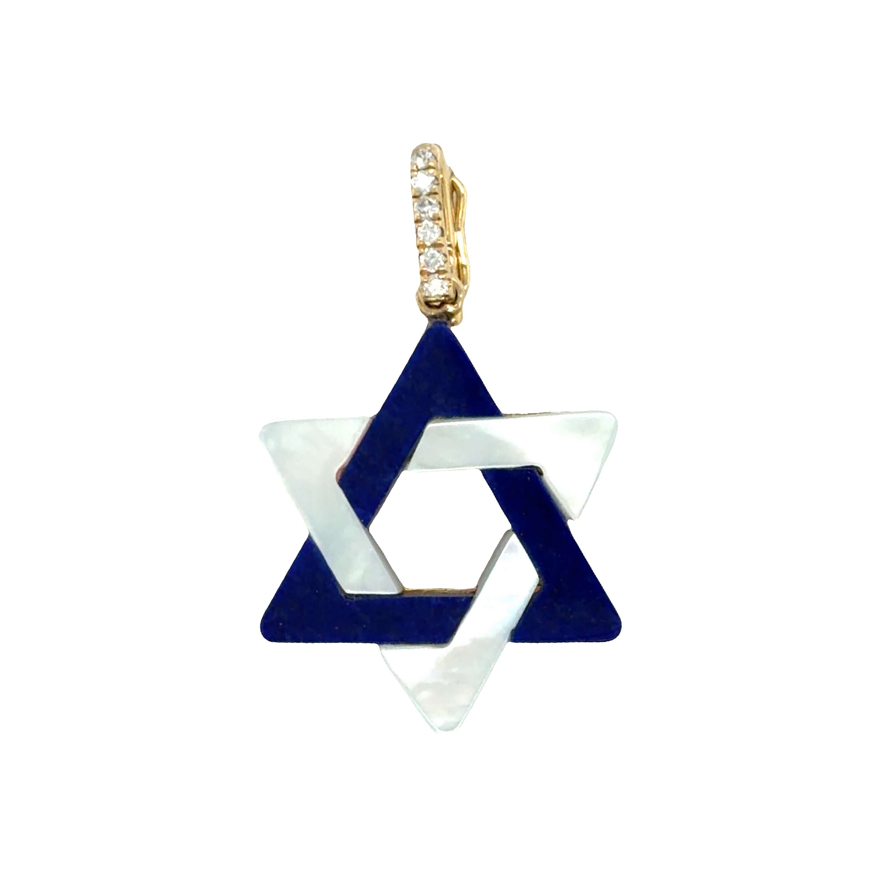 Multi Gemstone Star of David Diamond Pendant © in 14K gold with lapis and mother of pearl, designed by Izakov Fine Jewelry.