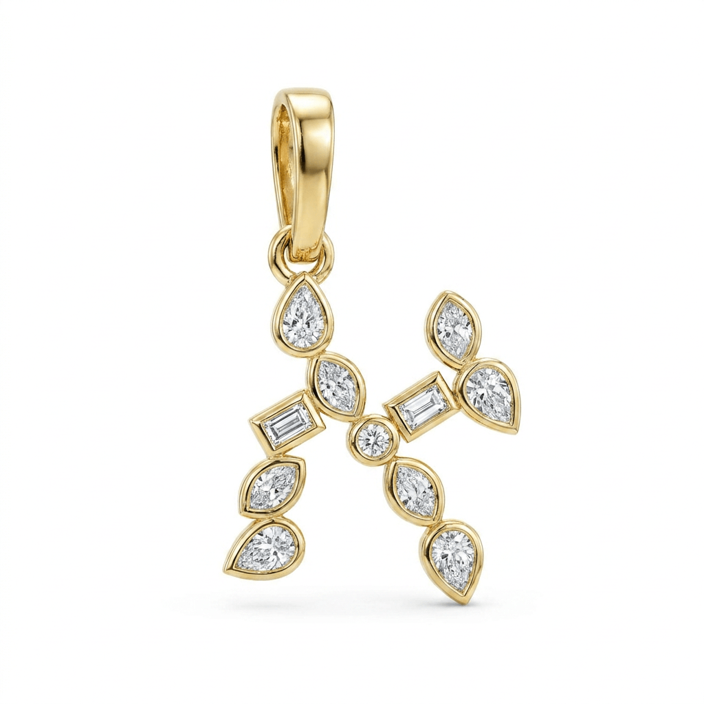Multi Shape Hebrew Diamond Initial Pendant crafted in 14k gold with sparkling diamond arrangement.