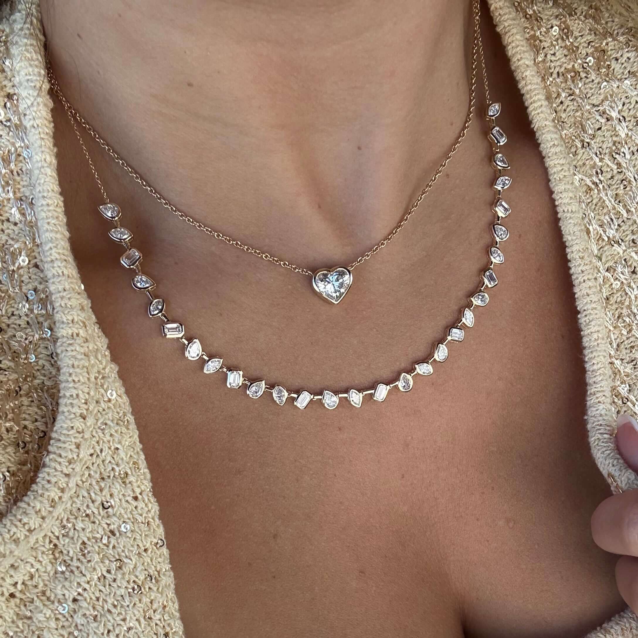 14K Gold Multi Shape Lab Diamond Necklace featuring pear, emerald, and marquise cut lab diamonds.