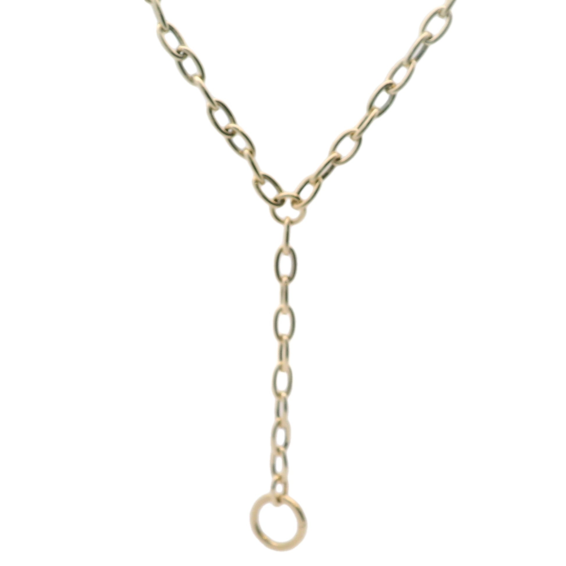 14K Gold Oval Cable Link Lariat Necklace showcasing an 18-inch chain with a lariat drop and openable charm enhancer.