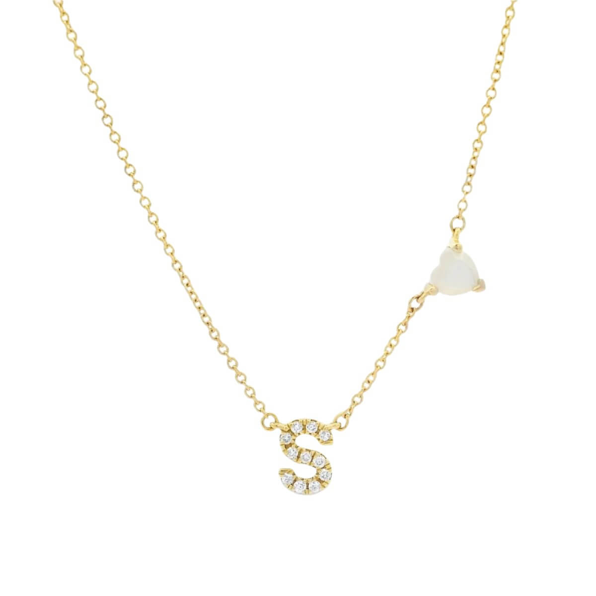 14K Gold Pave Diamond Initial Heart Gemstone Necklace Yellow Gold Mother of Pearl Necklaces by Izakov Diamonds + Fine Jewelry | Izakov
