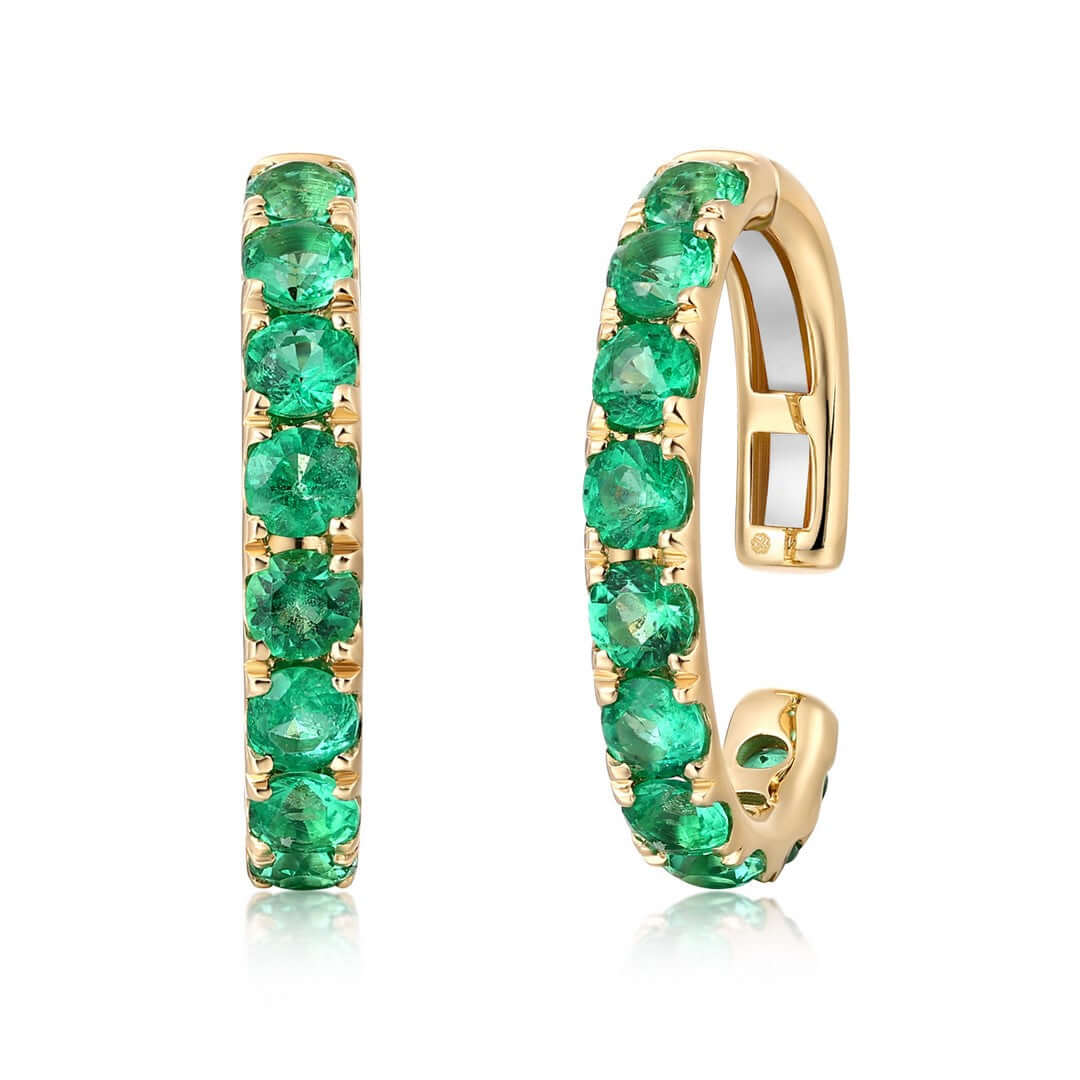 14K Gold Pave Gemstone Ear Cuff with emeralds, showcasing its contemporary design and brilliant pave setting.