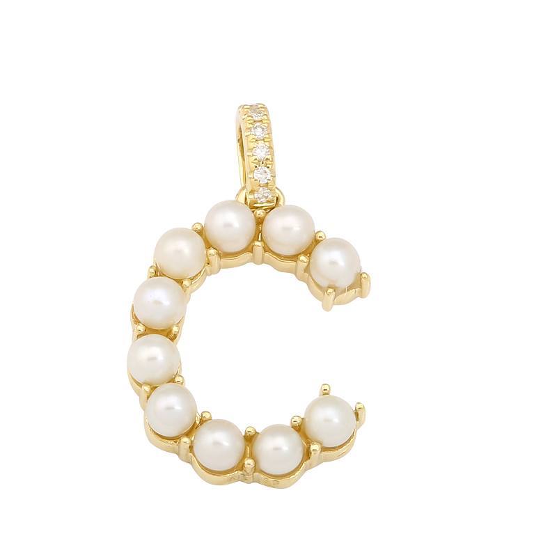 14K Gold Pearl Initial Diamond Necklace Charm C / Yellow Gold Izakov Diamonds + Fine Jewelry