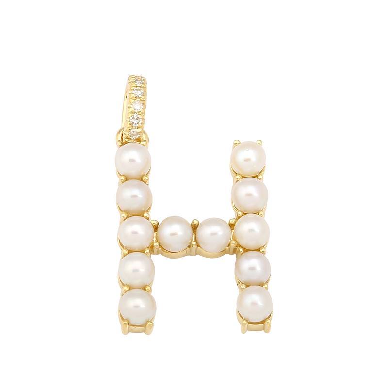 14K Gold Pearl Initial Diamond Necklace Charm H / Yellow Gold Izakov Diamonds + Fine Jewelry