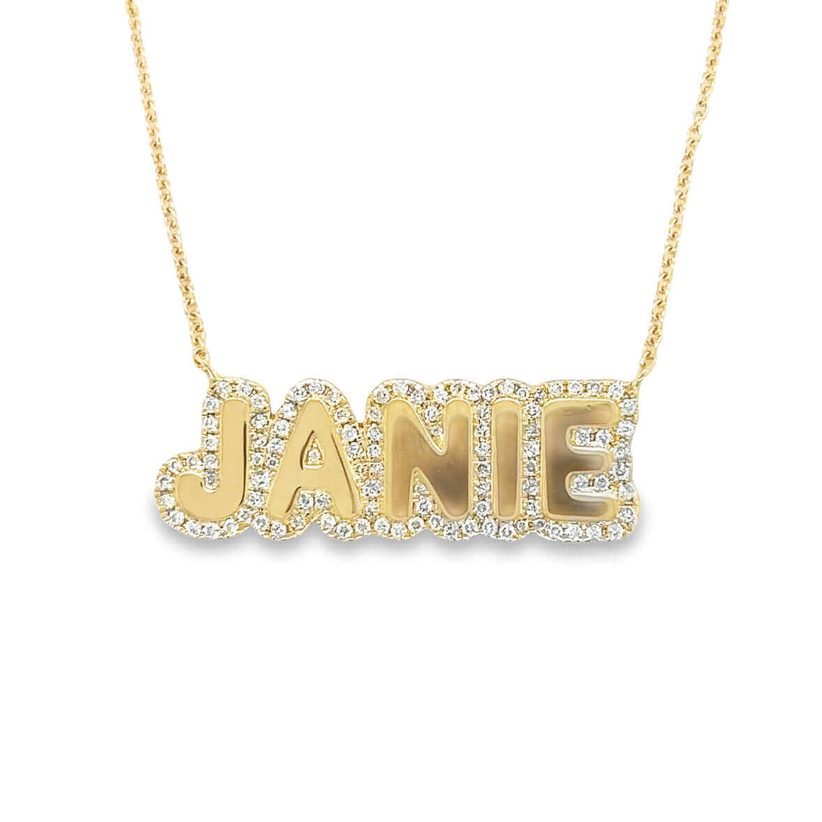 Personalized Diamond Cloud Nameplate Necklace featuring the name 'Janie' in luxurious 14K gold and sparkling diamonds.
