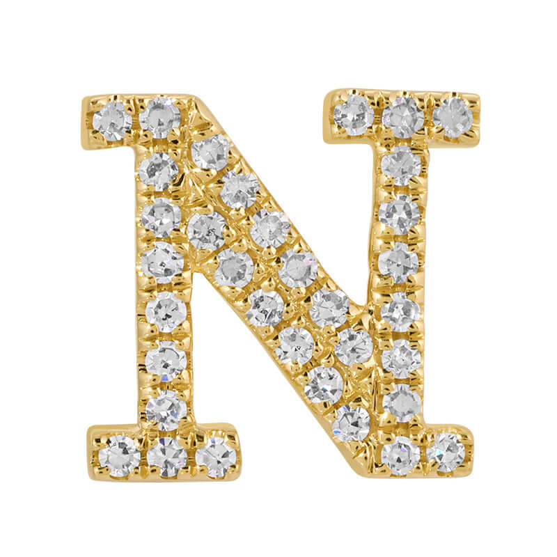 14K Gold Personalized Initial Diamond Rondelle with letter N, featuring micro pave set natural diamonds.